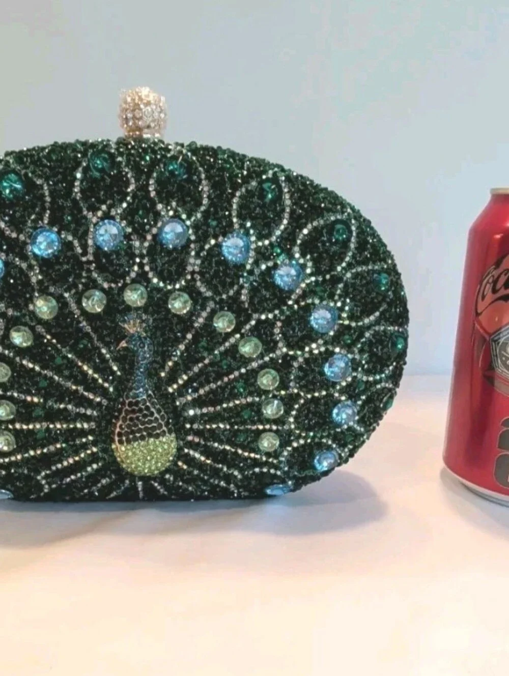 Purse Peacock Green & Blue Crystal Beaded Clutch Detachable Chain & Handle 8
